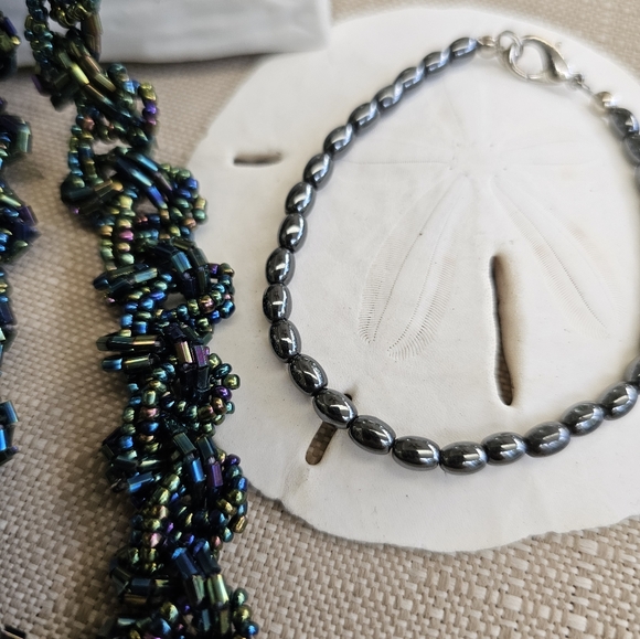 SET! 925 Teardrop Earrings, Braided Beaded Necklace, & Hematite Bracelet SET! - Picture 2 of 15